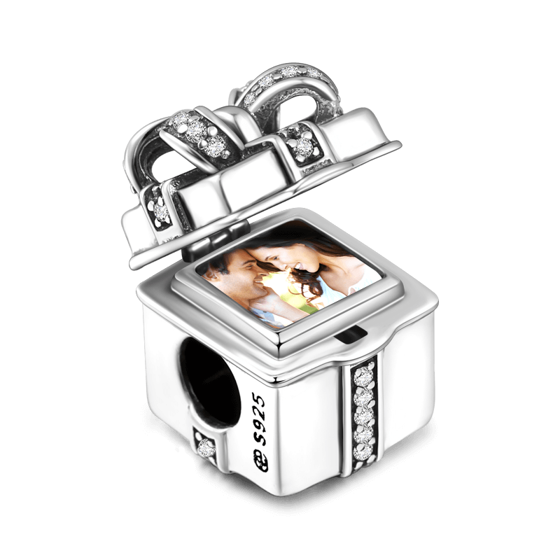 Pave CZ Gift Box Photo Charm Silver - soufeelus