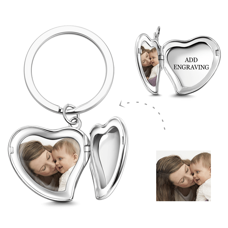 Heart Key Chain Engraved Photo Charm Silver - 