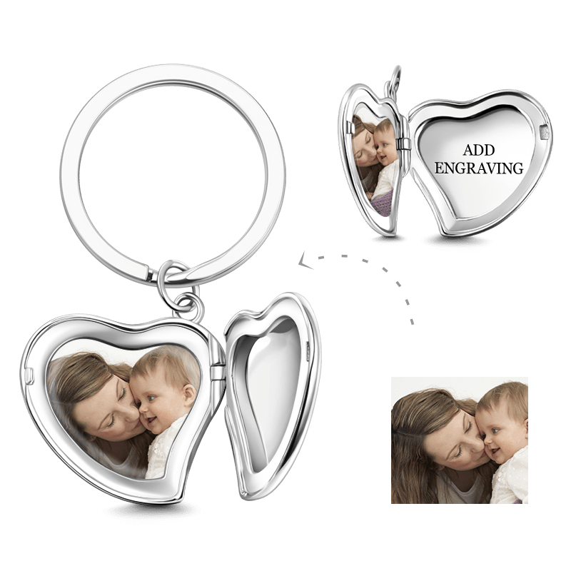 Heart Key Chain Engraved Photo Charm Silver - soufeelus