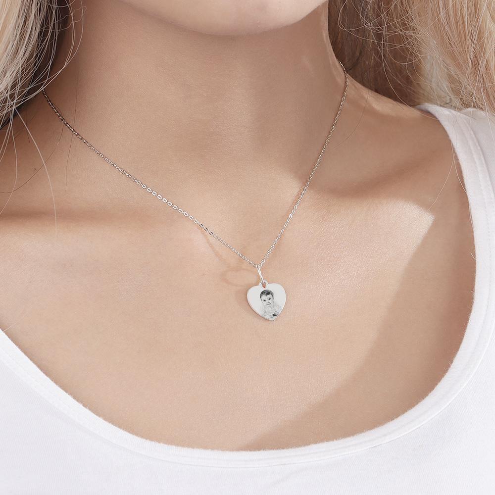 Engraved Photo Necklace Heart Shadow Carving Unique Gift Silver -