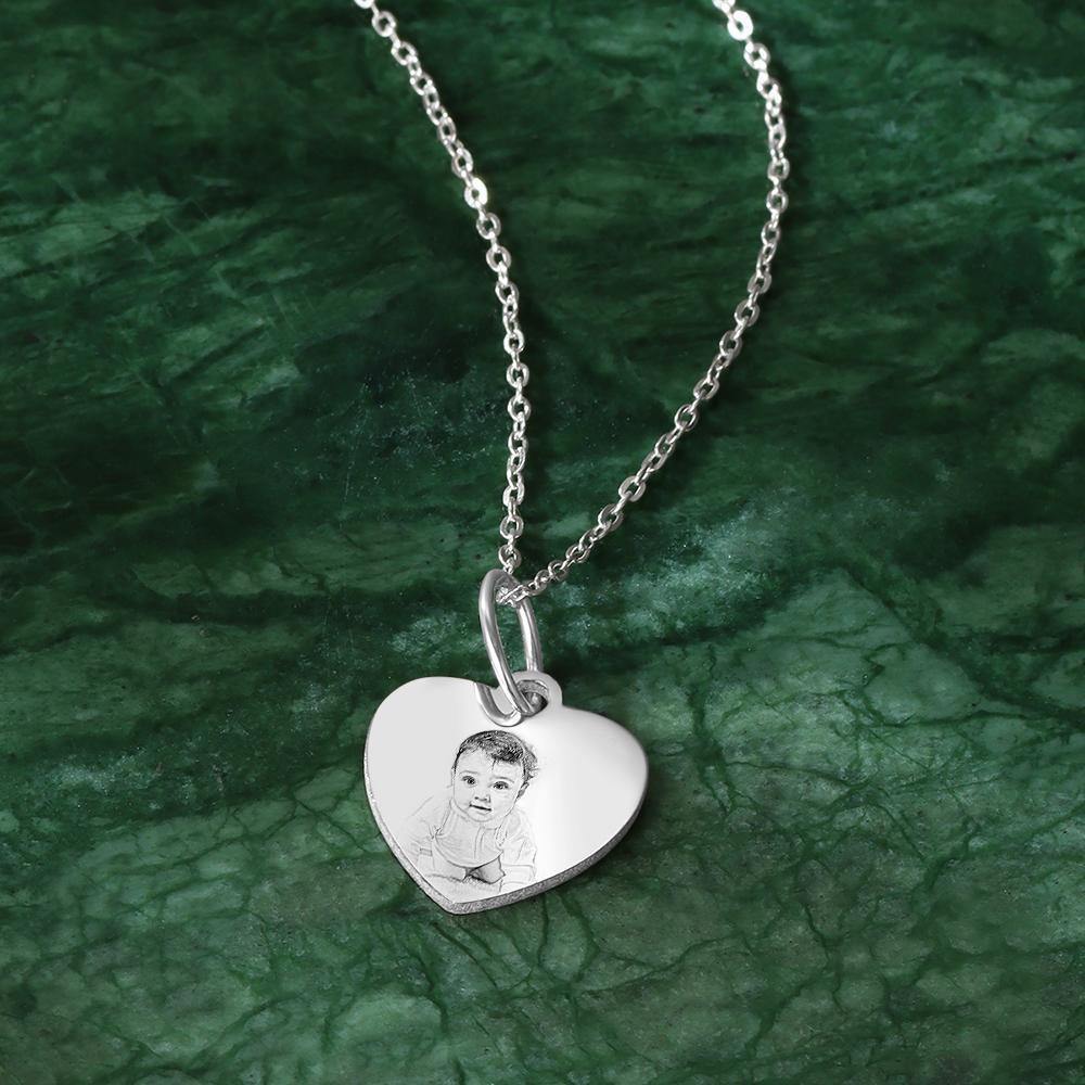 Engraved Photo Necklace Heart Shadow Carving Unique Gift Silver - soufeelus
