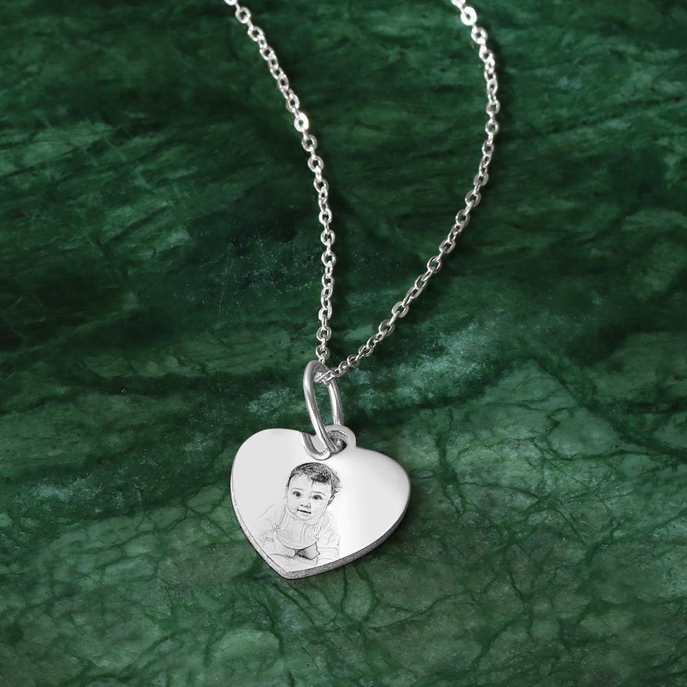 Engraved Photo Necklace Heart Shadow Carving Unique Gift Silver -