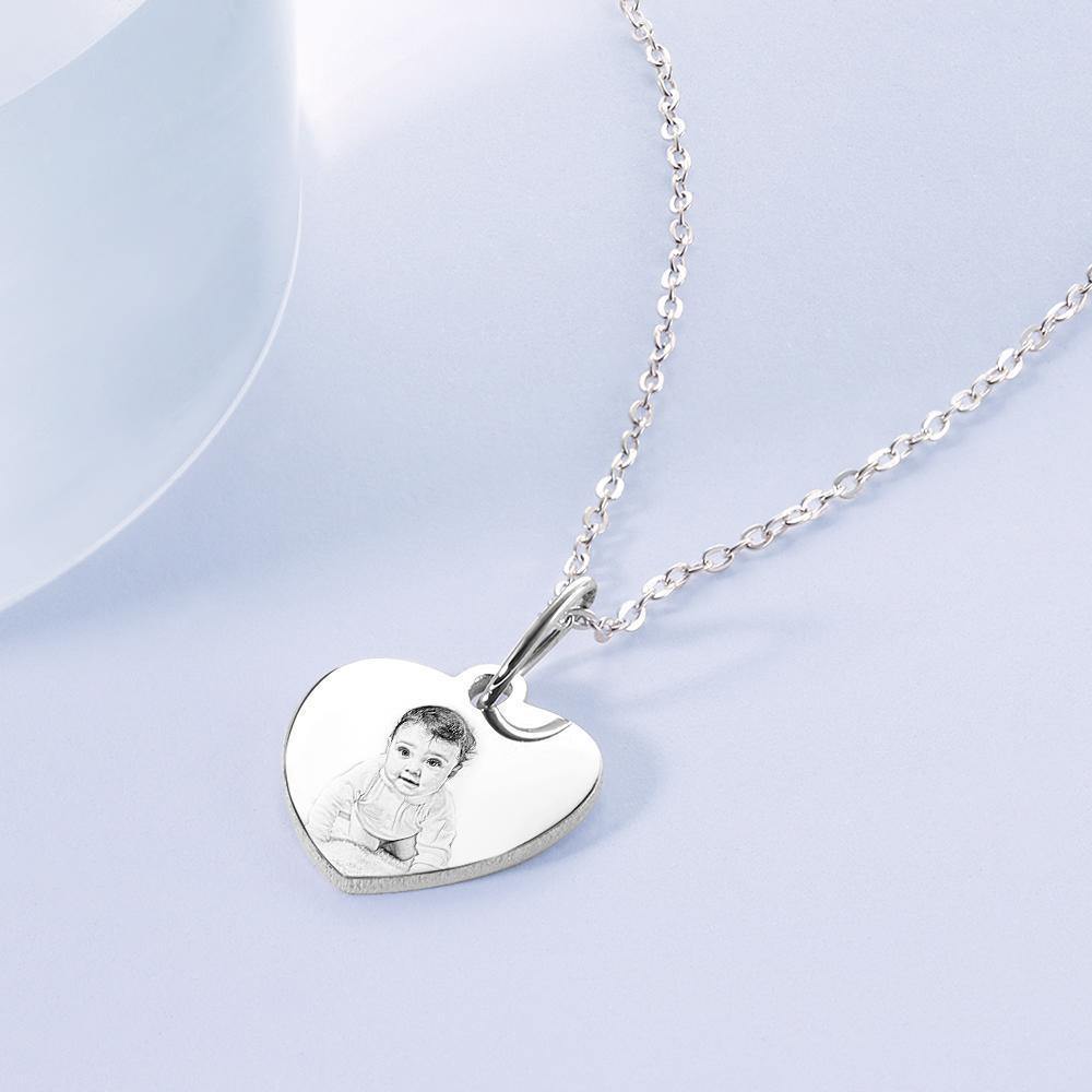 Engraved Photo Necklace Heart Shadow Carving Unique Gift Silver -