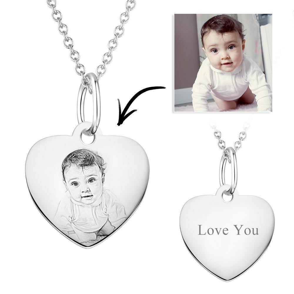 Engraved Photo Necklace Heart Shadow Carving Unique Gift Silver -
