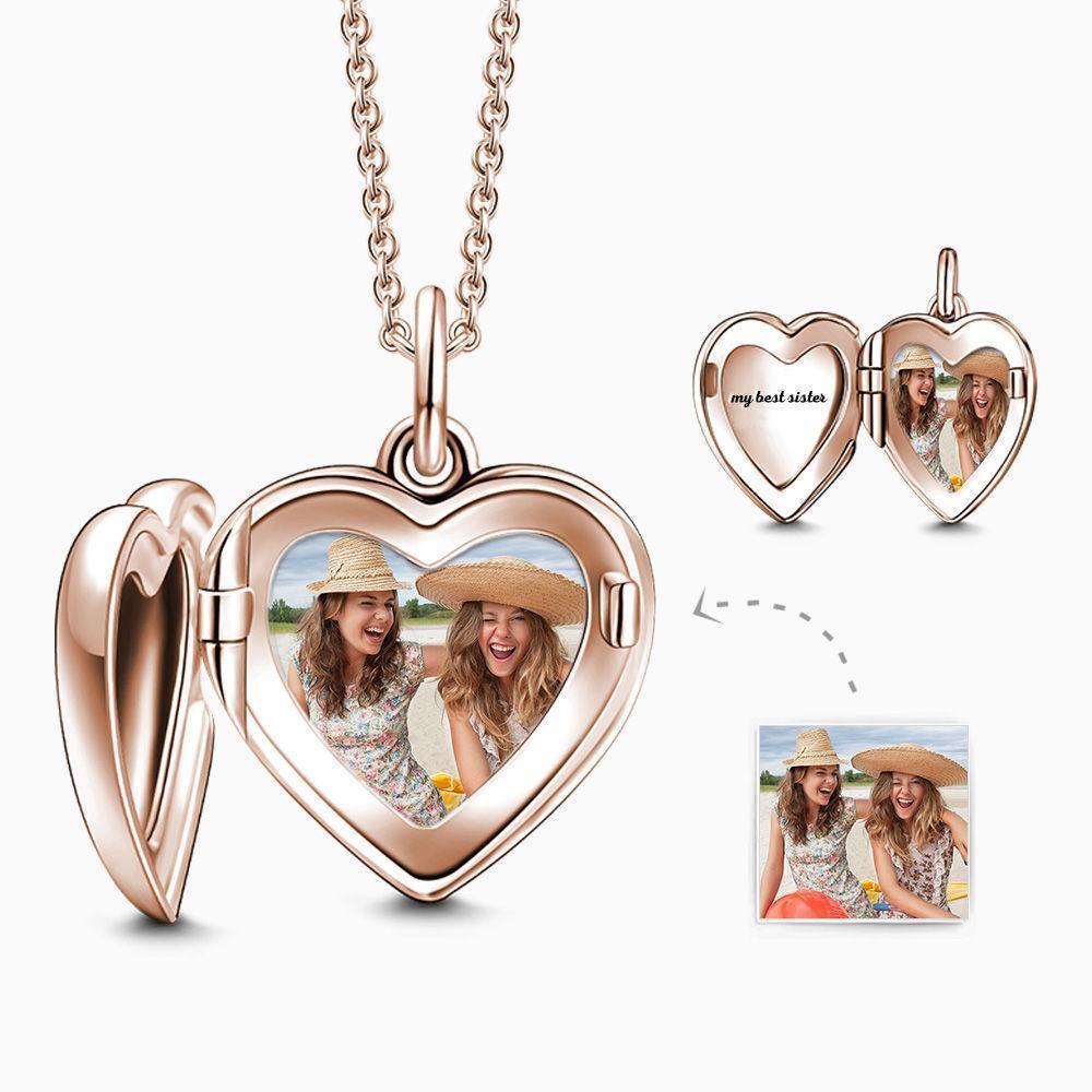 Engraved Heart Photo Locket Necklace Rose Gold Plated Silver - soufeelus