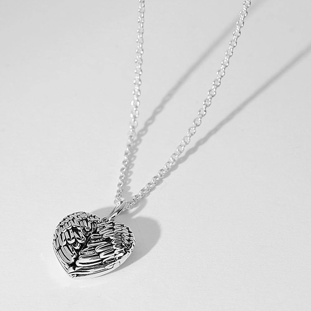 Engravable Photo Locket Necklace Personalized Heart Angel Wings Sterling Silver Gift For Mom - soufeelmy