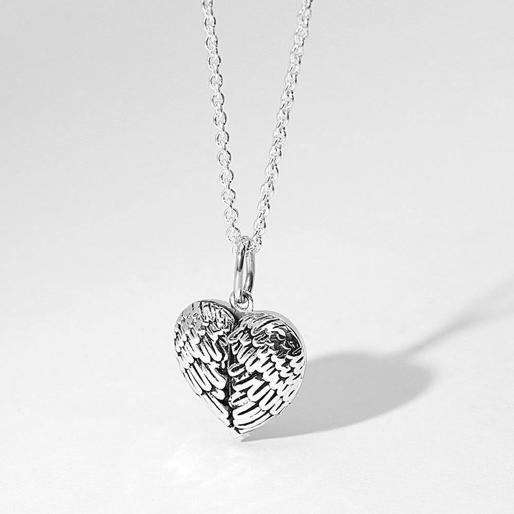 Engravable Photo Locket Necklace Personalized Heart Angel Wings Sterling Silver Gift For Mom - soufeelmy