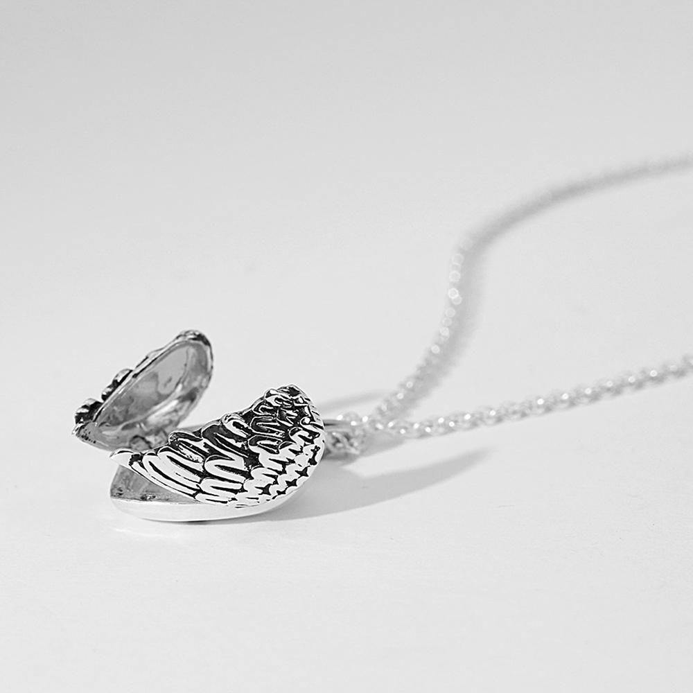 Engravable Photo Locket Necklace Personalized Heart Angel Wings Sterling Silver Gift For Mom - soufeelmy