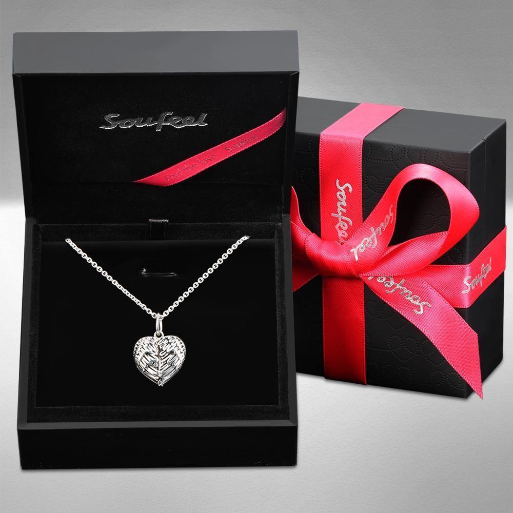 Engravable Photo Locket Necklace Personalized Heart Angel Wings Sterling Silver Gift For Mom - soufeelmy