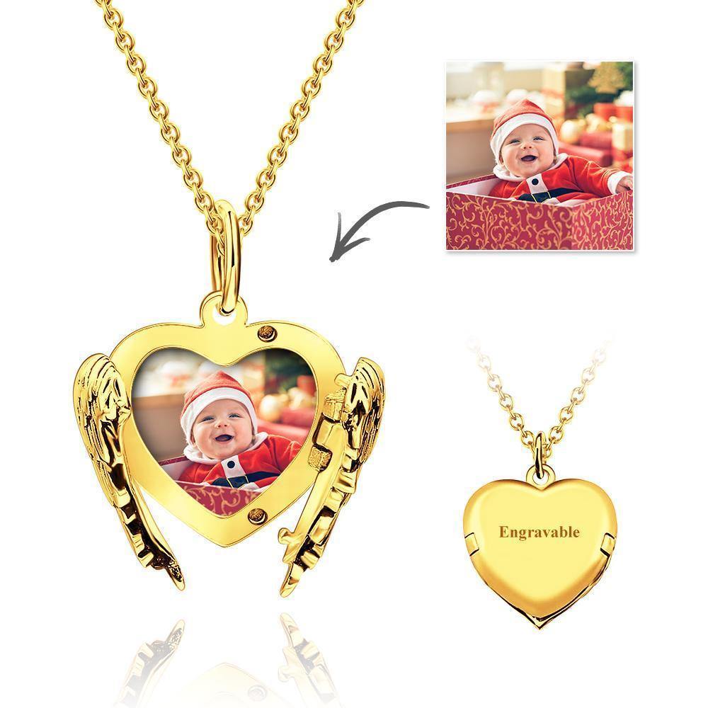 Engravable Photo Locket Necklace Heart Angel Wings for Girlfriend Gold Plated - soufeelus