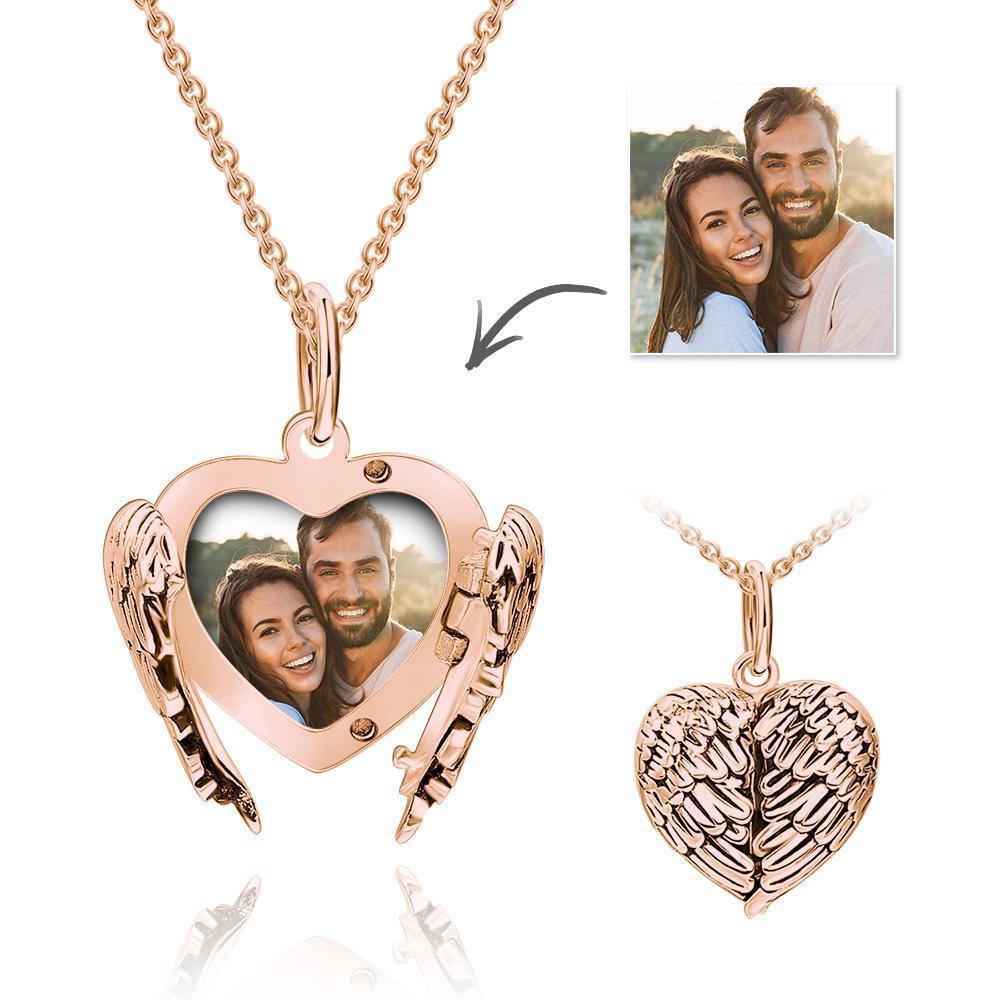 Photo Locket Necklace with Engraving Heart Angel Wings for Mom Rose Gold Plated Silver - soufeelus