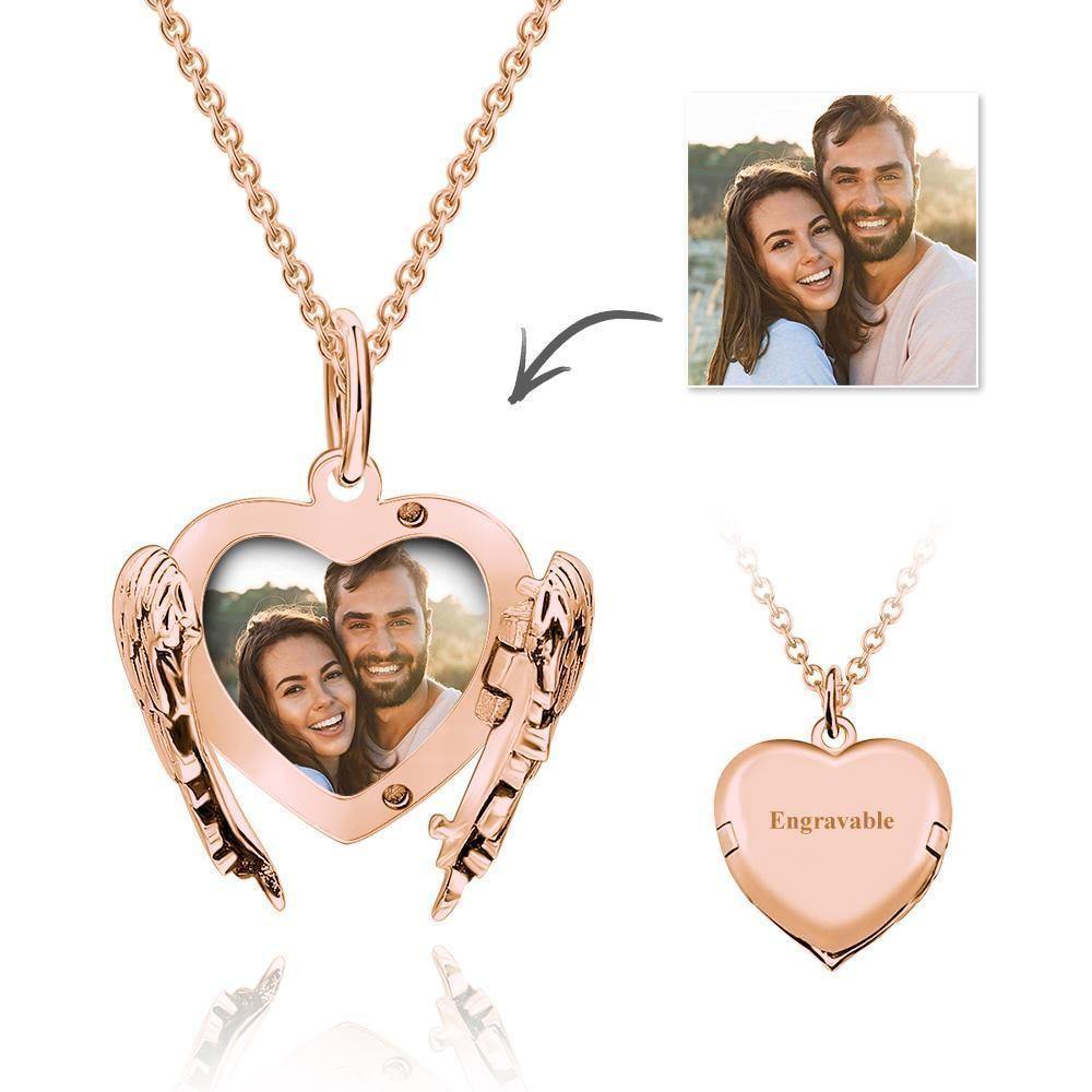 Engravable Photo Locket Necklace Personalized Heart Angel Wings Sterling Silver - soufeelus