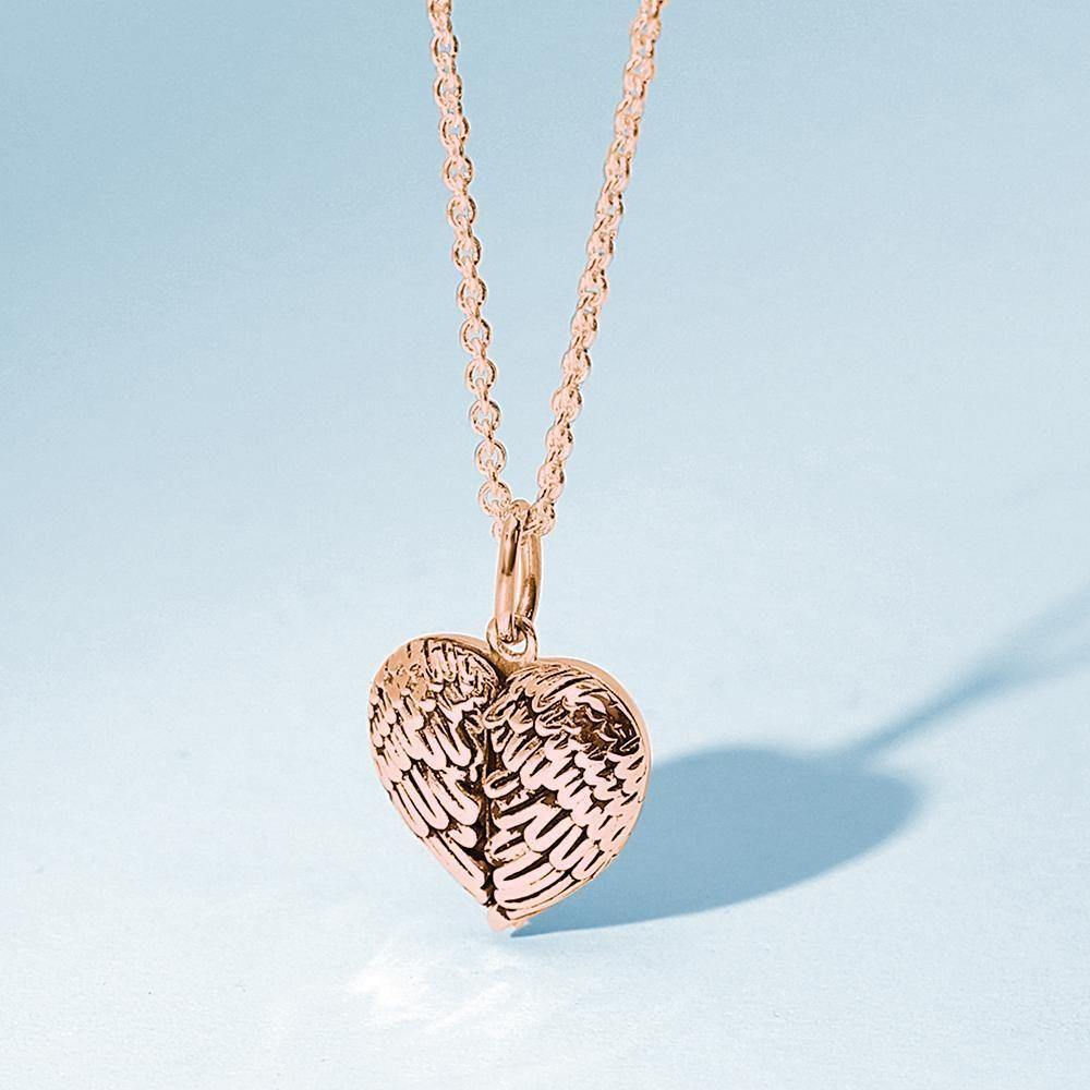 Photo Locket Necklace with Engraving Heart Angel Wings for Mom Rose Gold Plated Silver - soufeelus