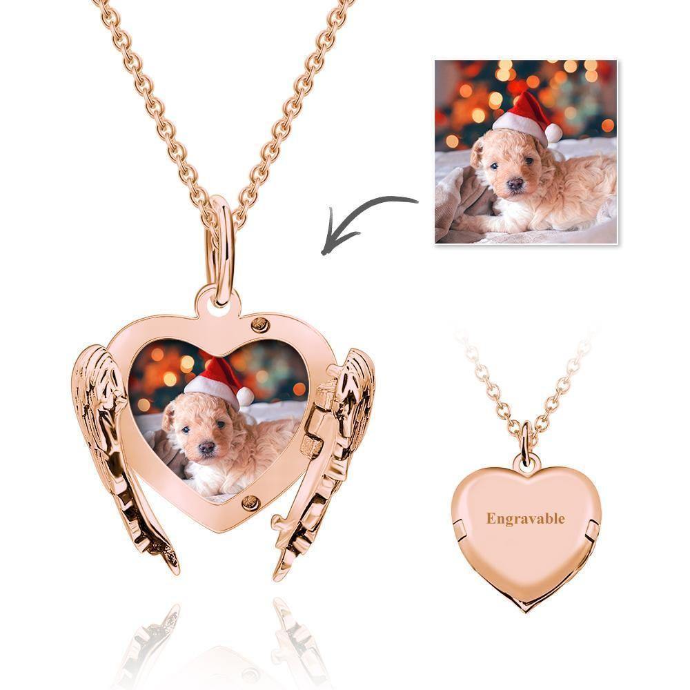 Photo Locket Necklace with Engraving Heart Angel Wings Rose Gold Plated - soufeelus