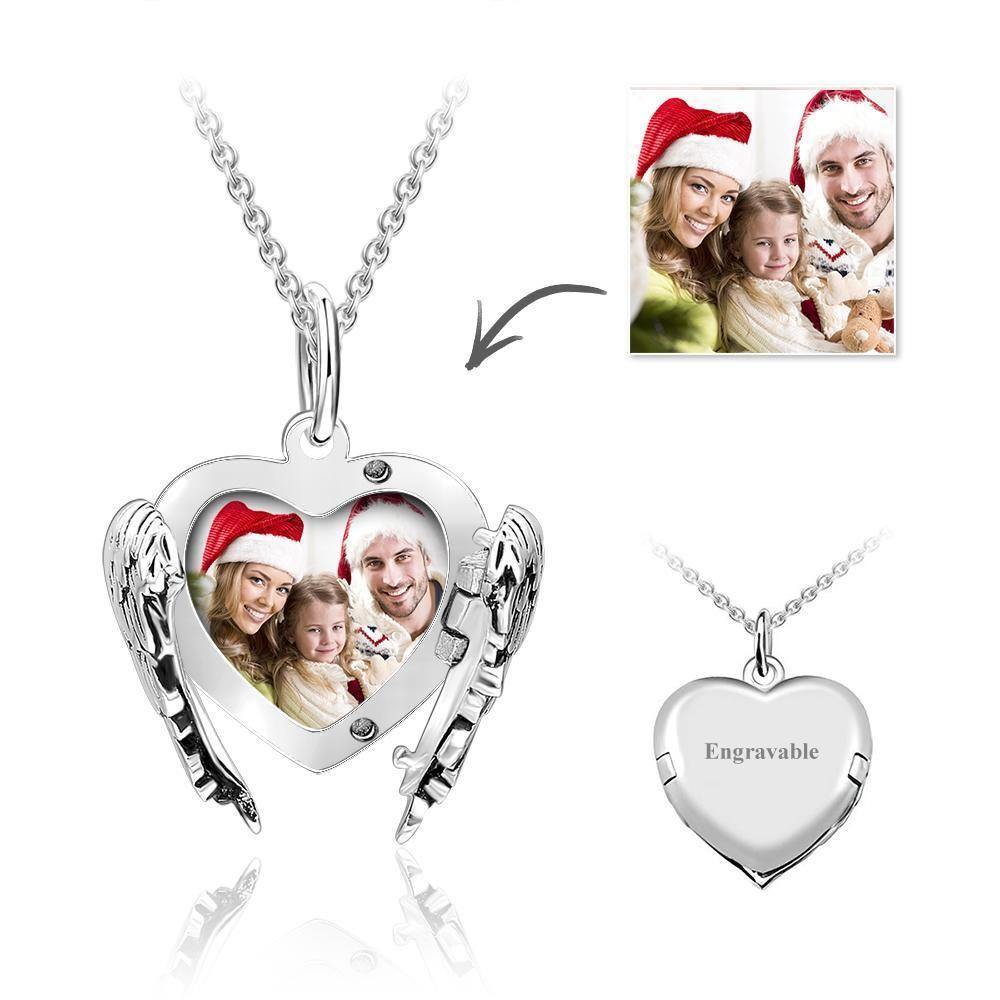 Engravable Photo Locket Necklace Heart Angel Wings for Girlfriend Gold Plated - soufeelus