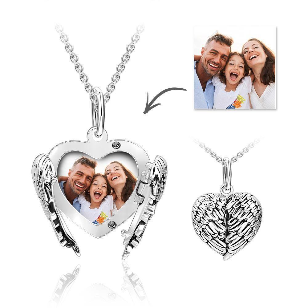 Engravable Photo Locket Necklace Personalized Heart Angel Wings Sterling Silver Gift For Mom - soufeelmy