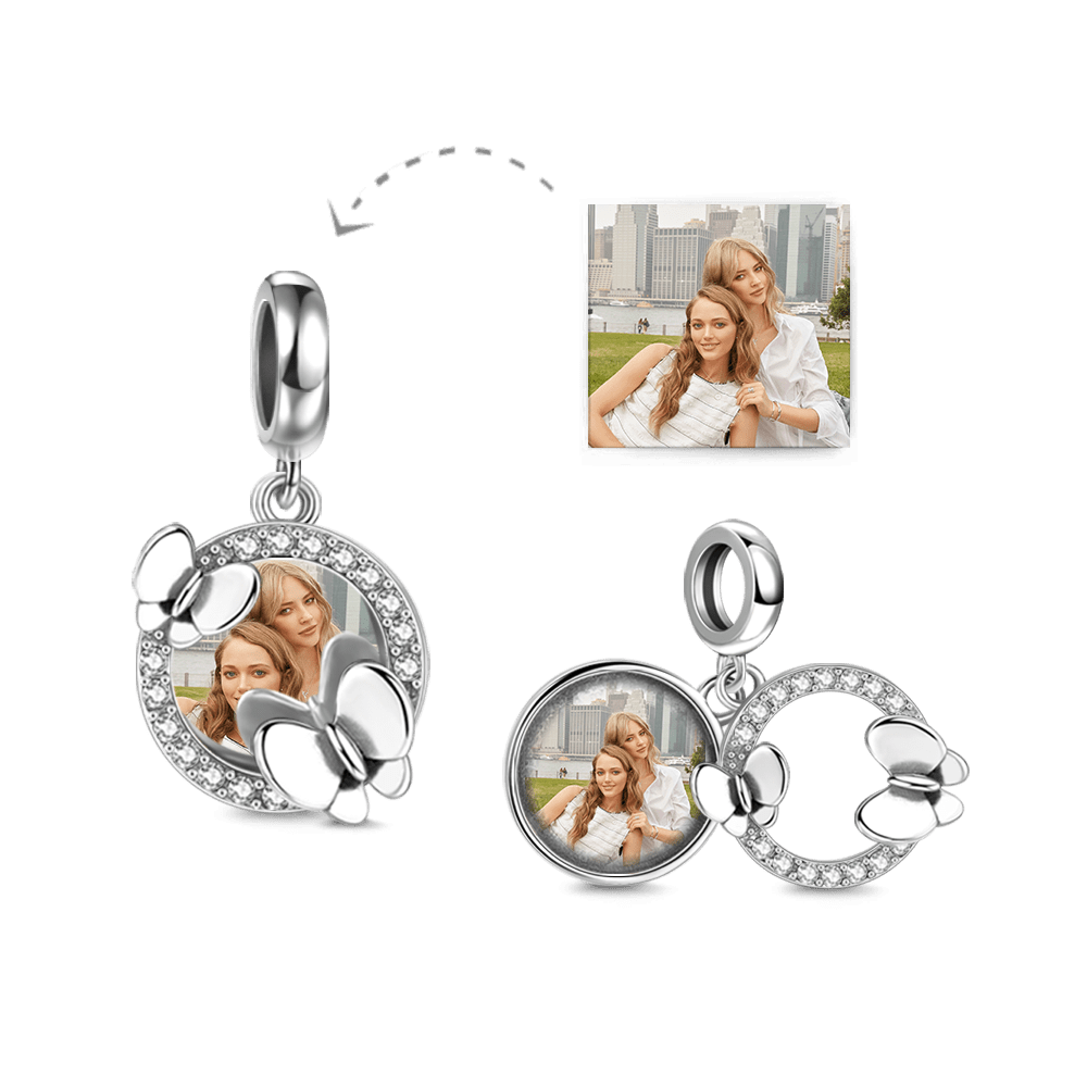 Pave CZ Photo Charm with Butterflies Silver - soufeelus