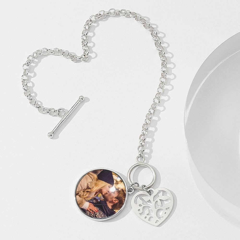 Women's Round Tag Photo Bracelet with Engraving Silver - soufeelus