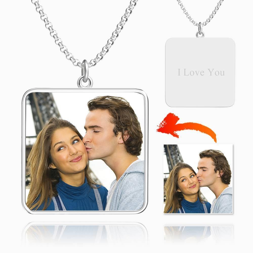 Engraved Square Tag Photo Necklace Silver - soufeelus