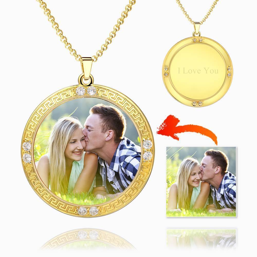 Engraved Round Tag Photo Necklace 14K Gold Plated Silver - soufeelus