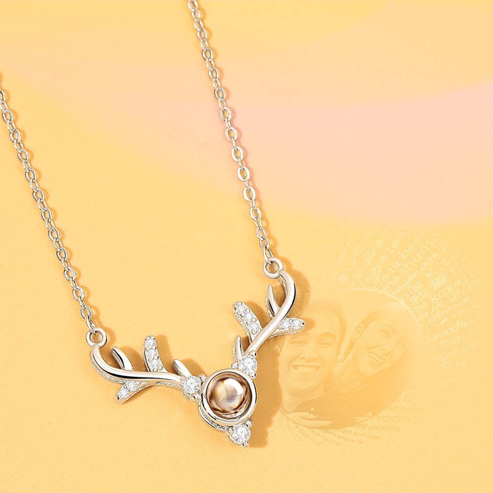 I Love You Necklace in 100 Languages Silver Projection Photo Engraved Antlers