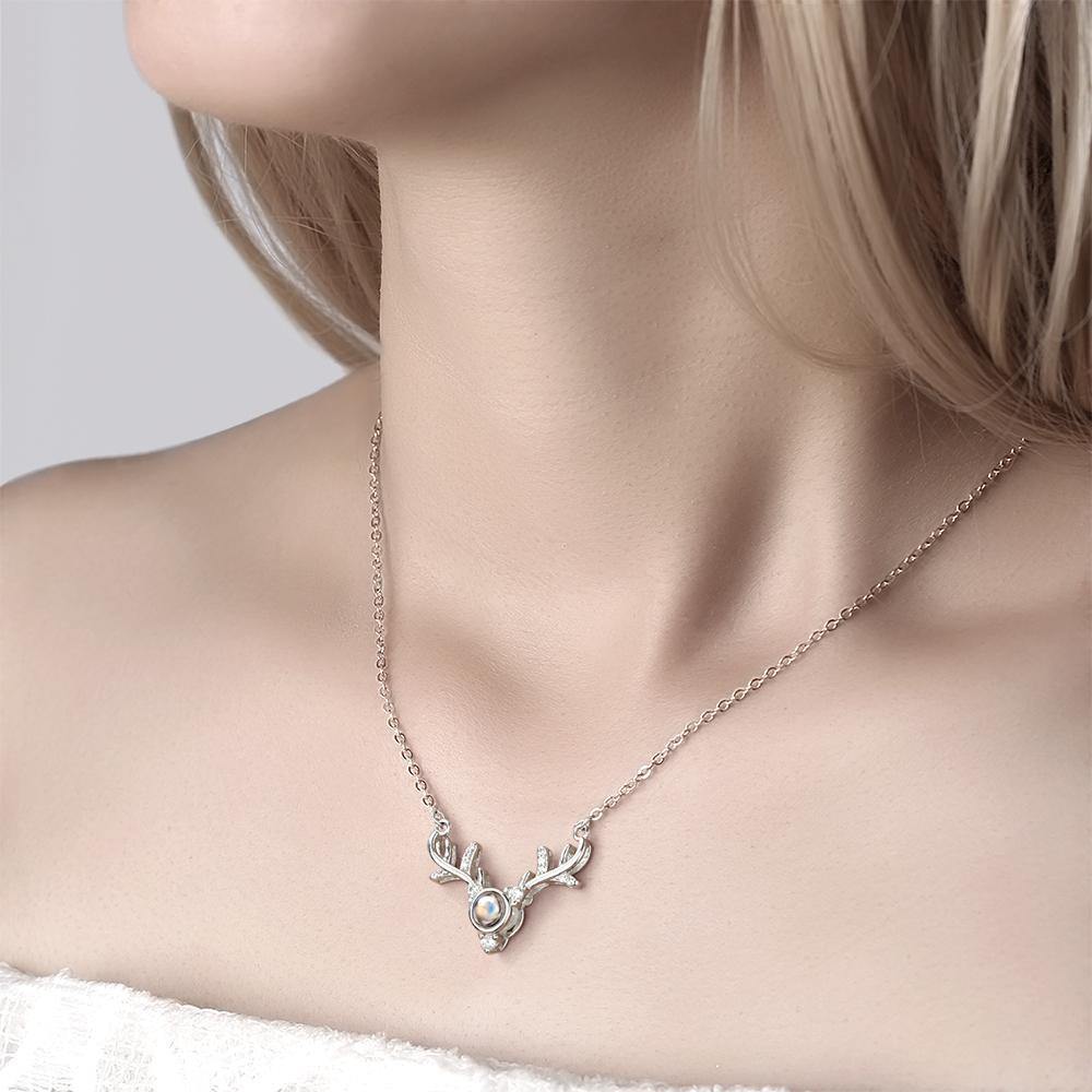 I Love You Necklace in 100 Languages Silver Projection Photo Engraved Antlers