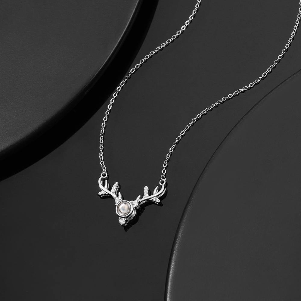 I Love You Necklace in 100 Languages Silver Projection Photo Engraved Antlers