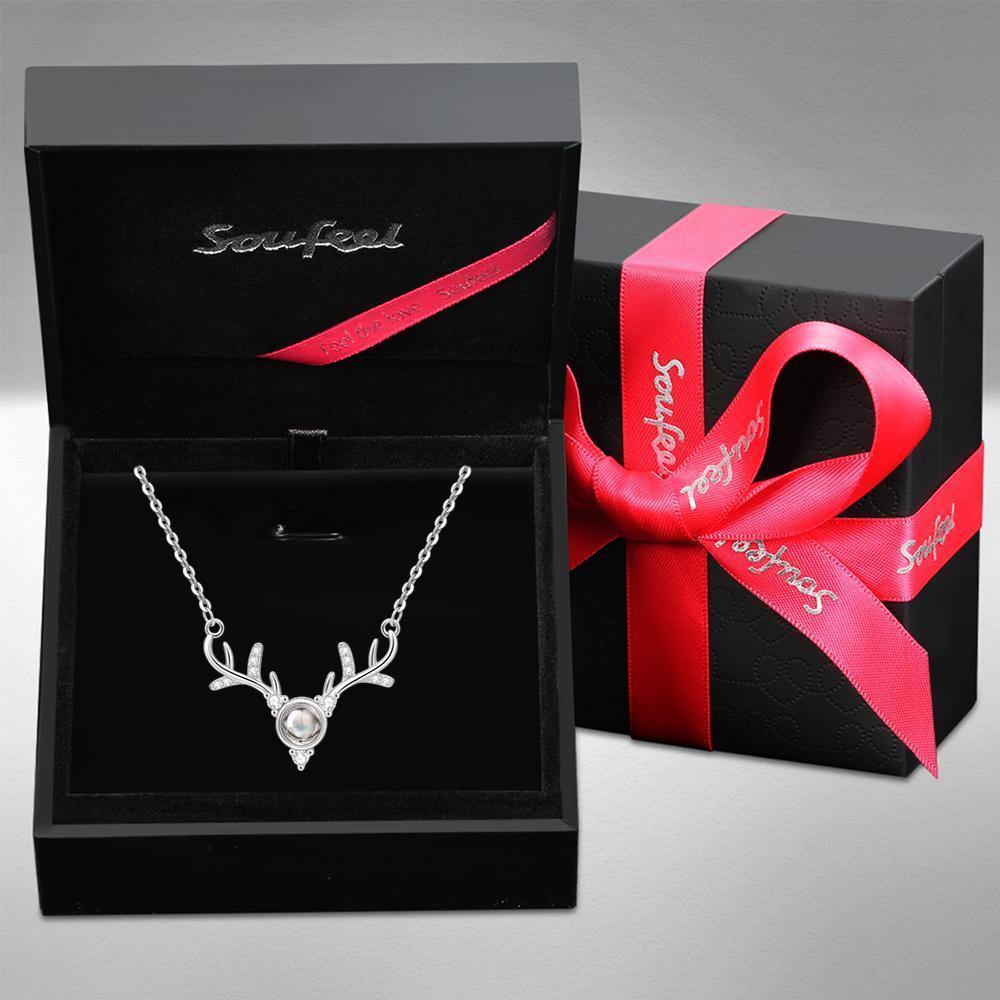 I Love You Necklace in 100 Languages Silver Projection Photo Engraved Antlers