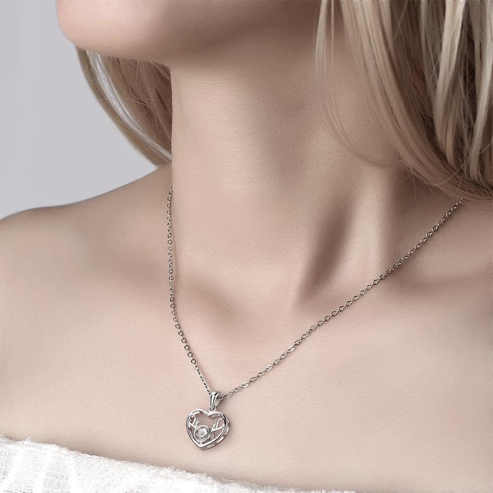 I Love You Necklace in 100 Languages Silver Projection Photo Engraved Heart - soufeelus