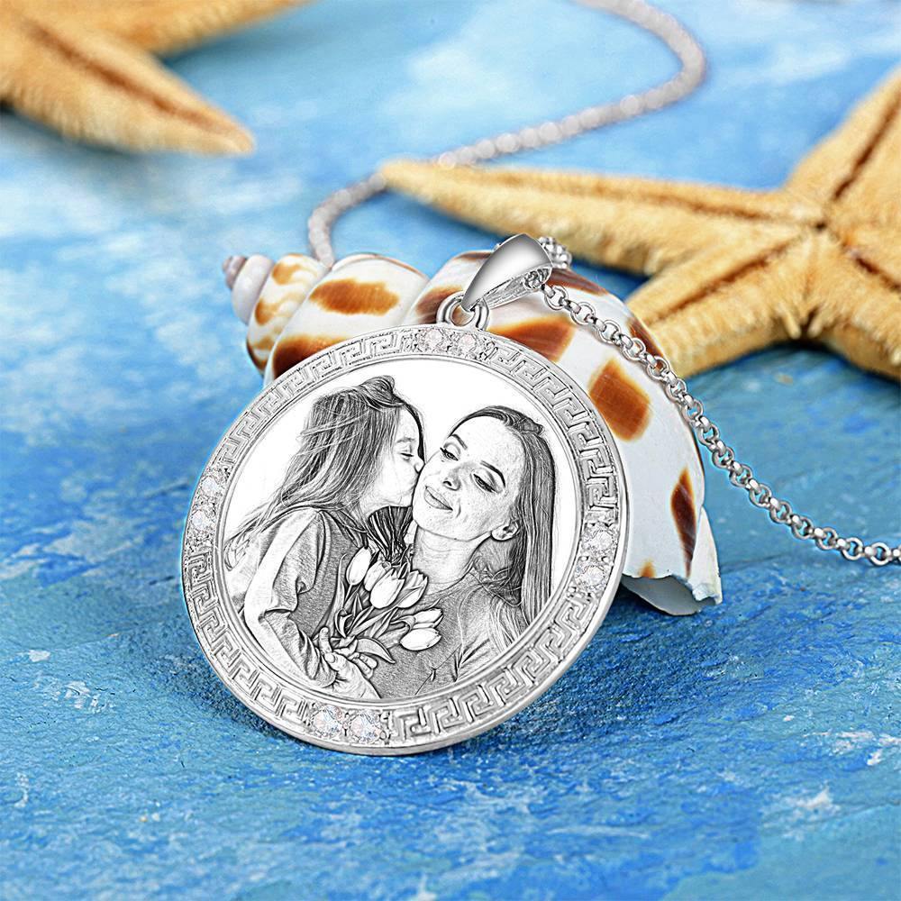Men's Personalized Photo Engraved Necklace, Rhinestone Crystal Round Shape Photo Necklace Platinum Plated Silver - Sketch - soufeelus