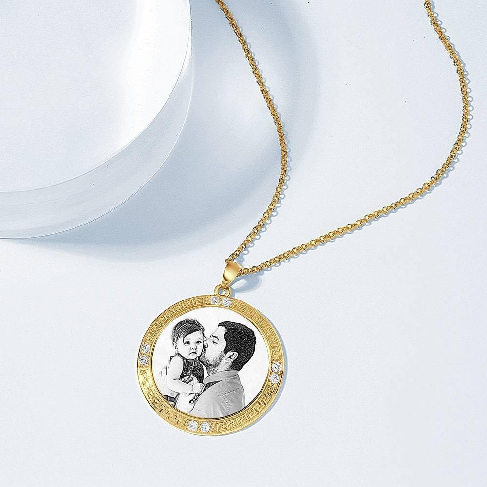 Men's Personalized Photo Engraved Necklace, Rhinestone Crystal Round Shape Photo Necklace 14 Gold Plated Golden - Sketch - soufeelus