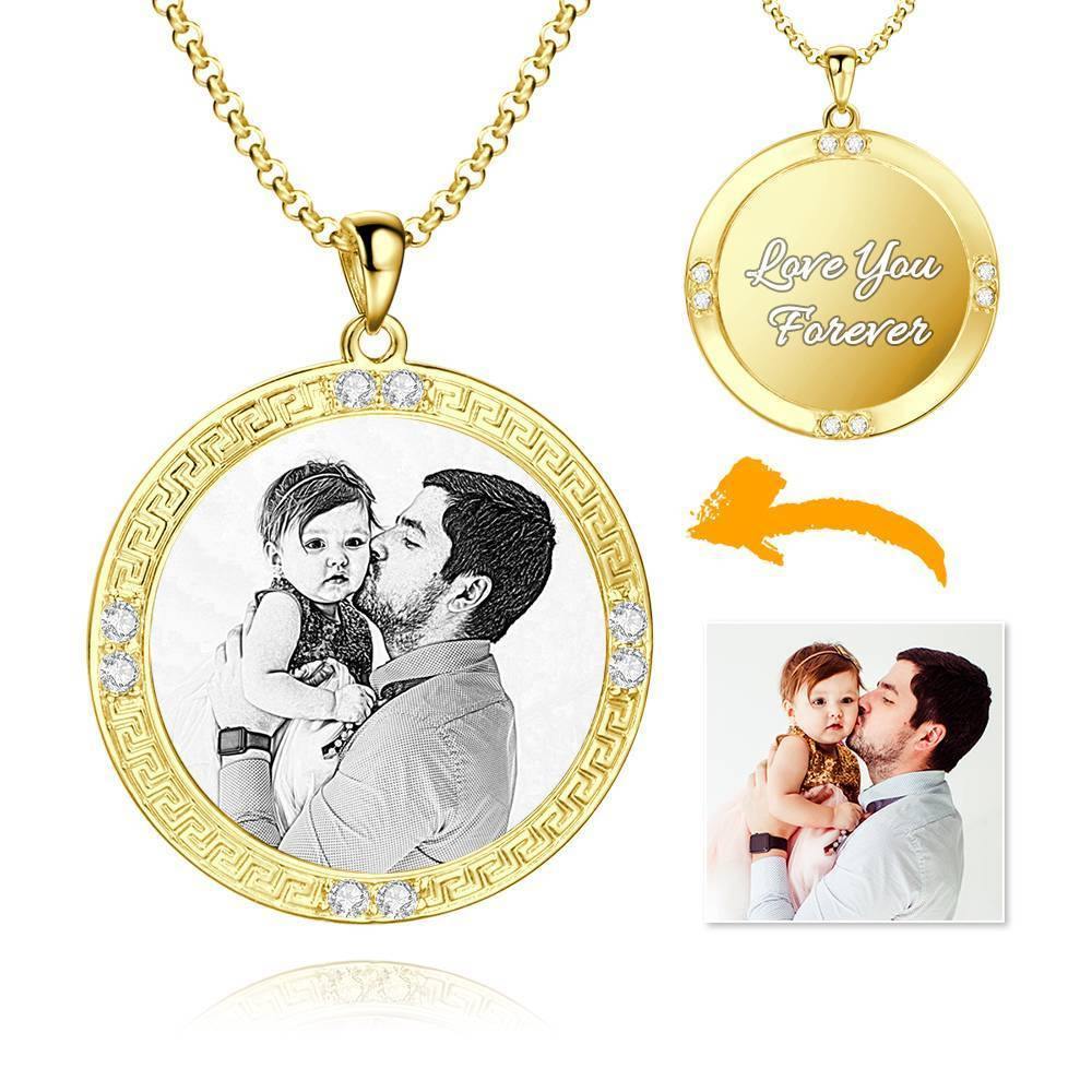 Men's Personalized Photo Engraved Necklace, Rhinestone Crystal Round Shape Photo Necklace 14 Gold Plated Golden - Sketch - soufeelus