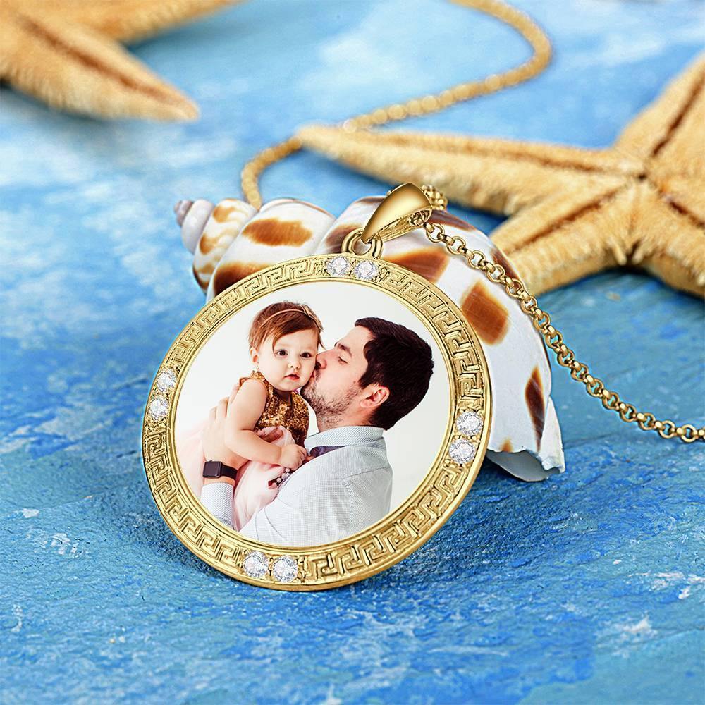 Men's Personalized Photo Engraved Necklace, Rhinestone Crystal Round Shape Photo Necklace 14 Gold Plated Golden - Colorful - soufeelus