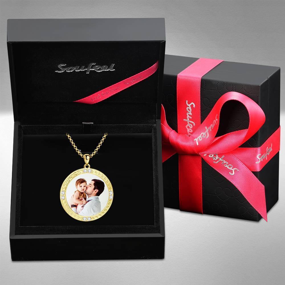 Men's Personalized Photo Engraved Necklace, Rhinestone Crystal Round Shape Photo Necklace 14 Gold Plated Golden - Colorful - soufeelus