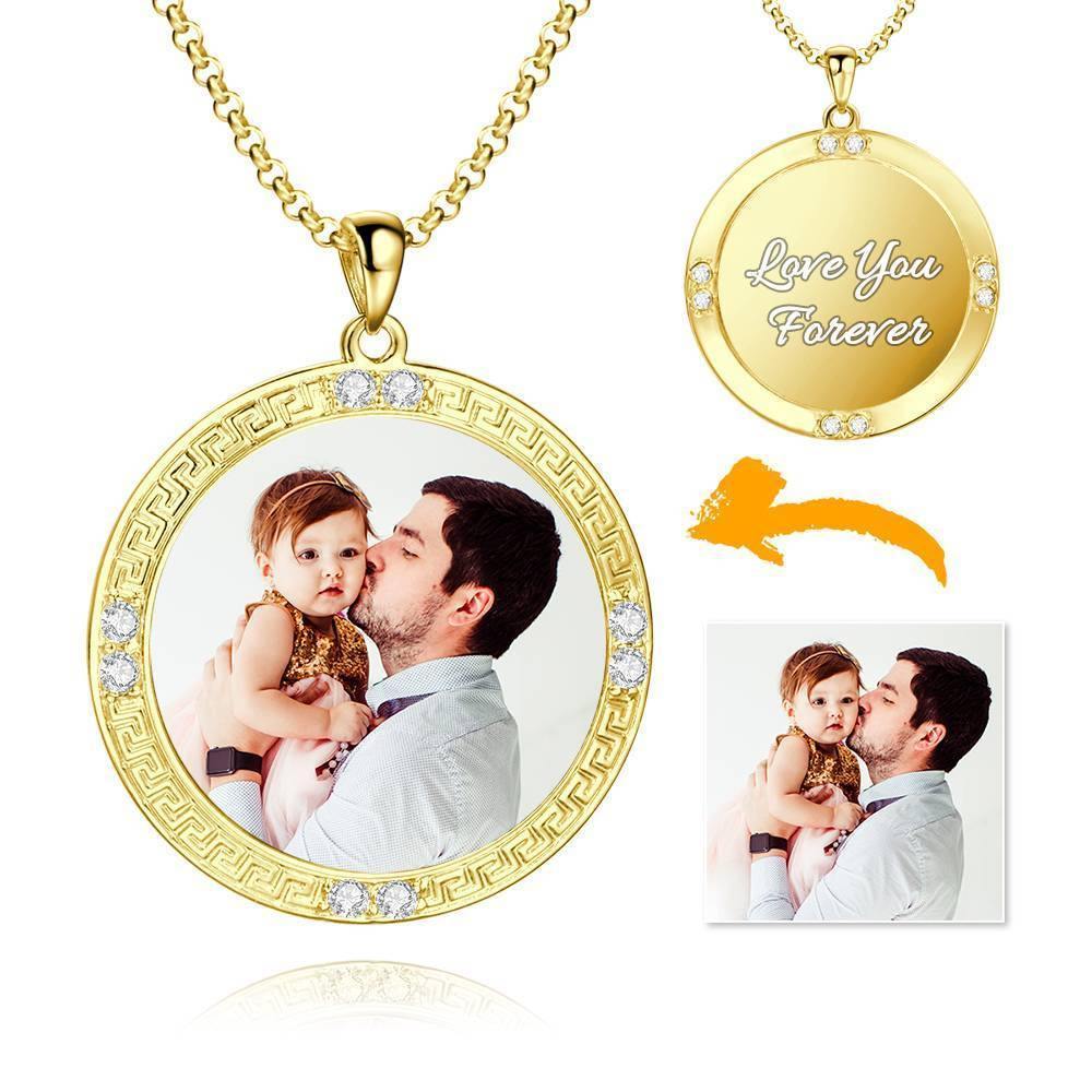 Men's Personalized Photo Engraved Necklace, Rhinestone Crystal Round Shape Photo Necklace 14 Gold Plated Golden - Colorful - soufeelus