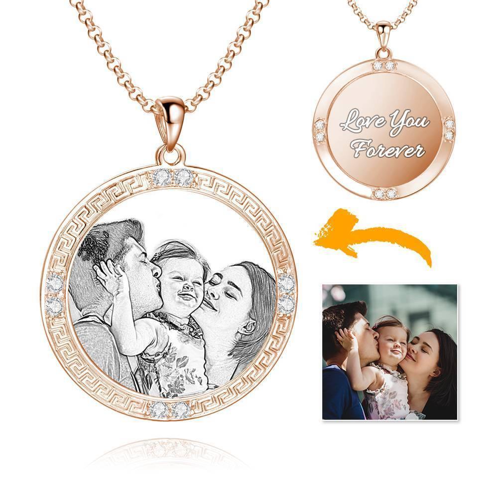 Men's Personalized Photo Engraved Necklace, Rhinestone Crystal Round Shape Photo Necklace Rose Gold Plated - Sketch - soufeelus