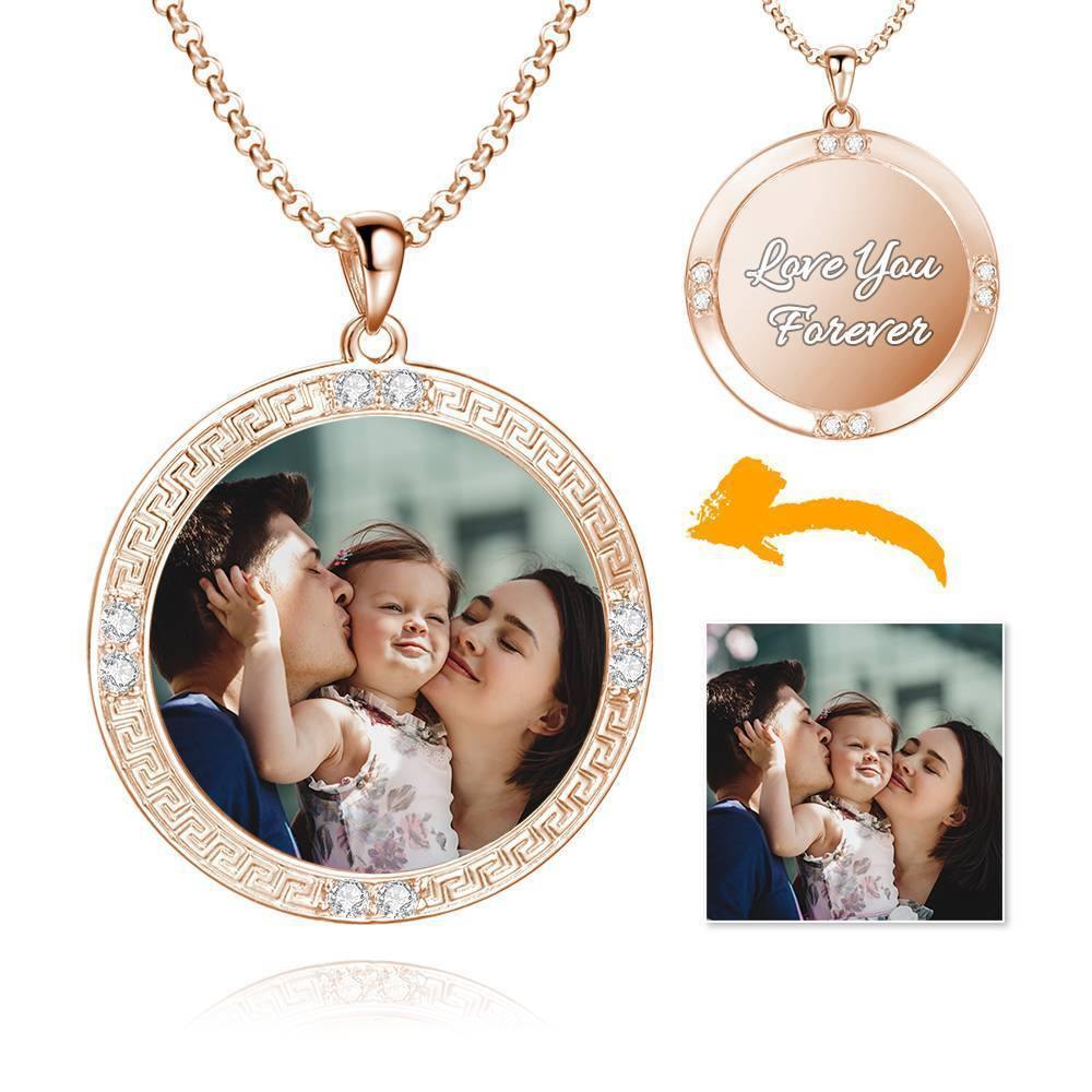 Men's Personalized Photo Engraved Necklace, Rhinestone Crystal Round Shape Photo Necklace Rose Gold Plated - Colorful - soufeelus