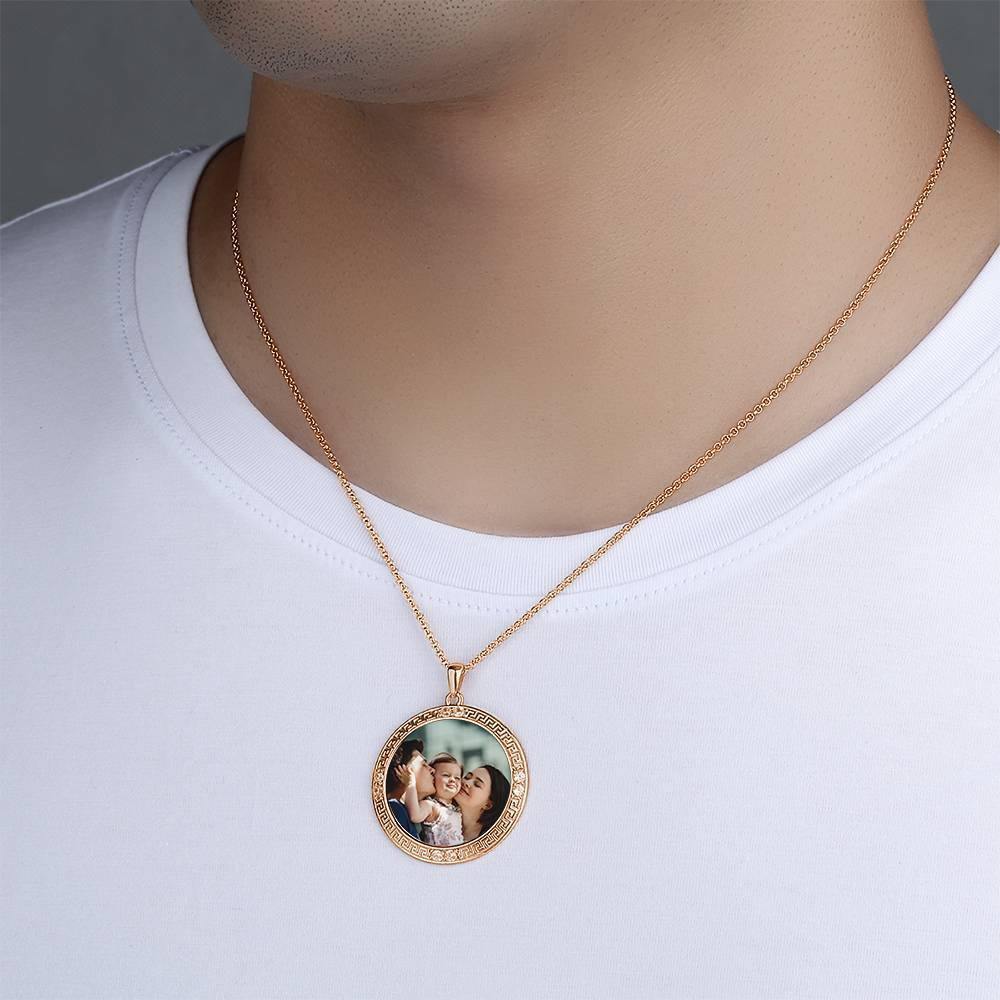 Men's Personalized Photo Engraved Necklace, Rhinestone Crystal Round Shape Photo Necklace Rose Gold Plated - Colorful - soufeelus