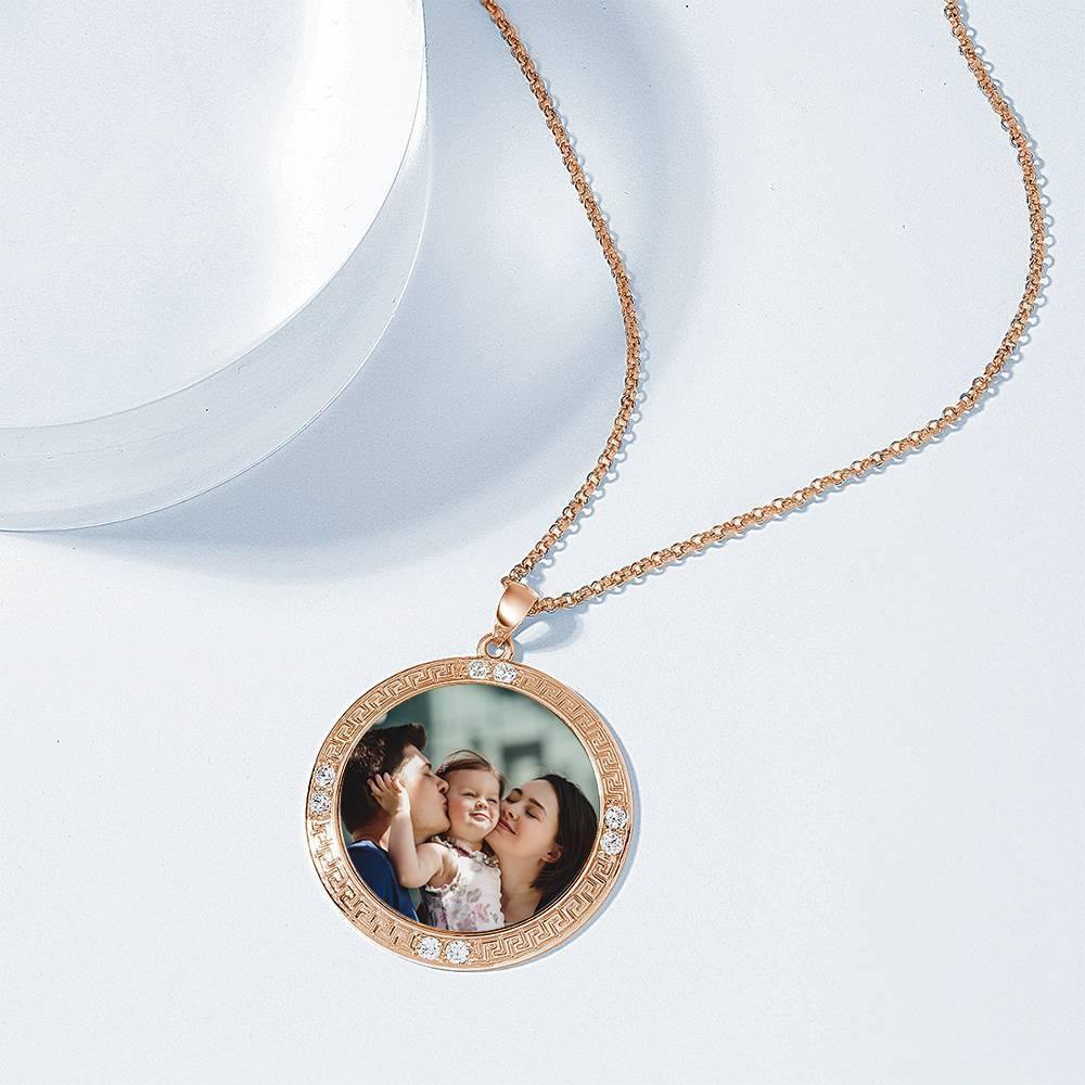 Men's Personalized Photo Engraved Necklace, Rhinestone Crystal Round Shape Photo Necklace Rose Gold Plated - Colorful - soufeelus