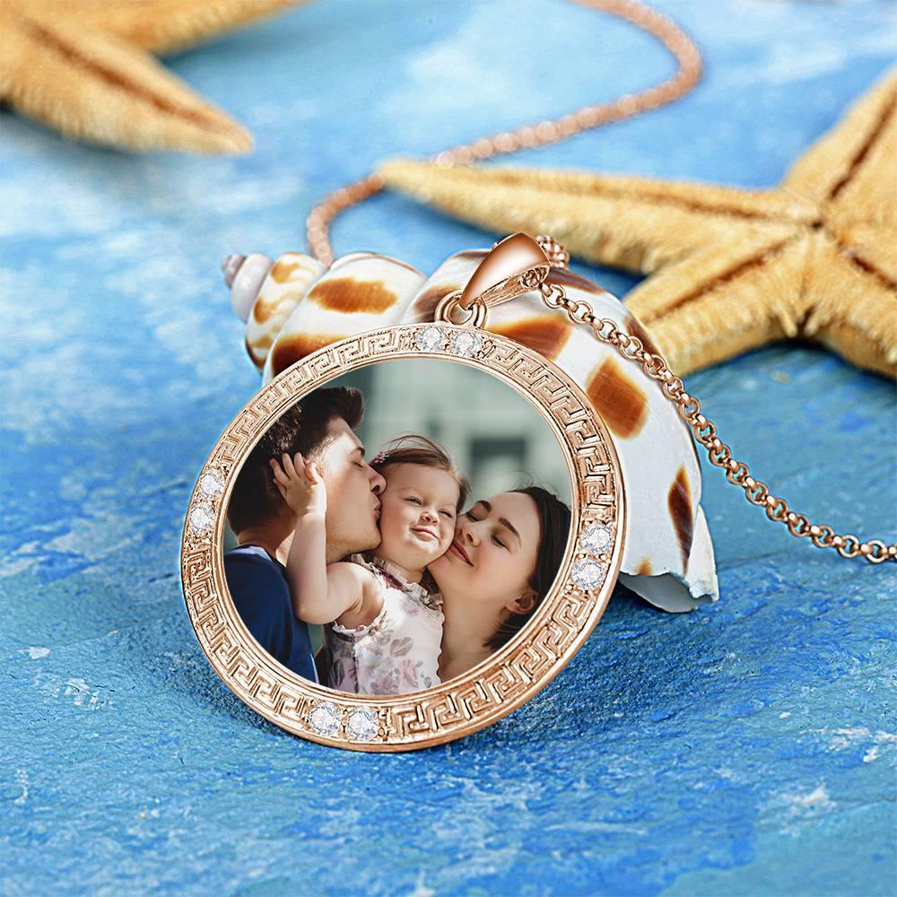 Men's Personalized Photo Engraved Necklace, Rhinestone Crystal Round Shape Photo Necklace Rose Gold Plated - Colorful - soufeelus