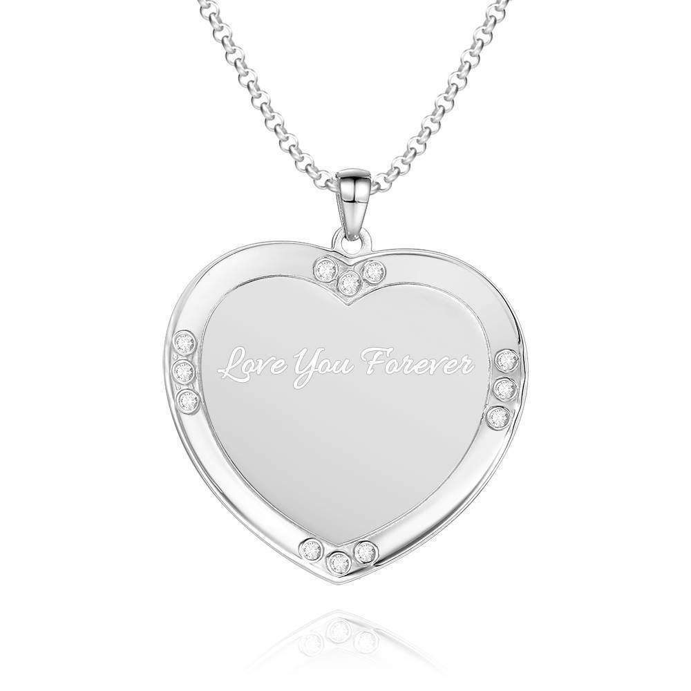 Men's Personalized Photo Engraved Necklace, Rhinestone Crystal Heart Shape Photo Necklace Platinum Plated Silver - Sketch - soufeelus