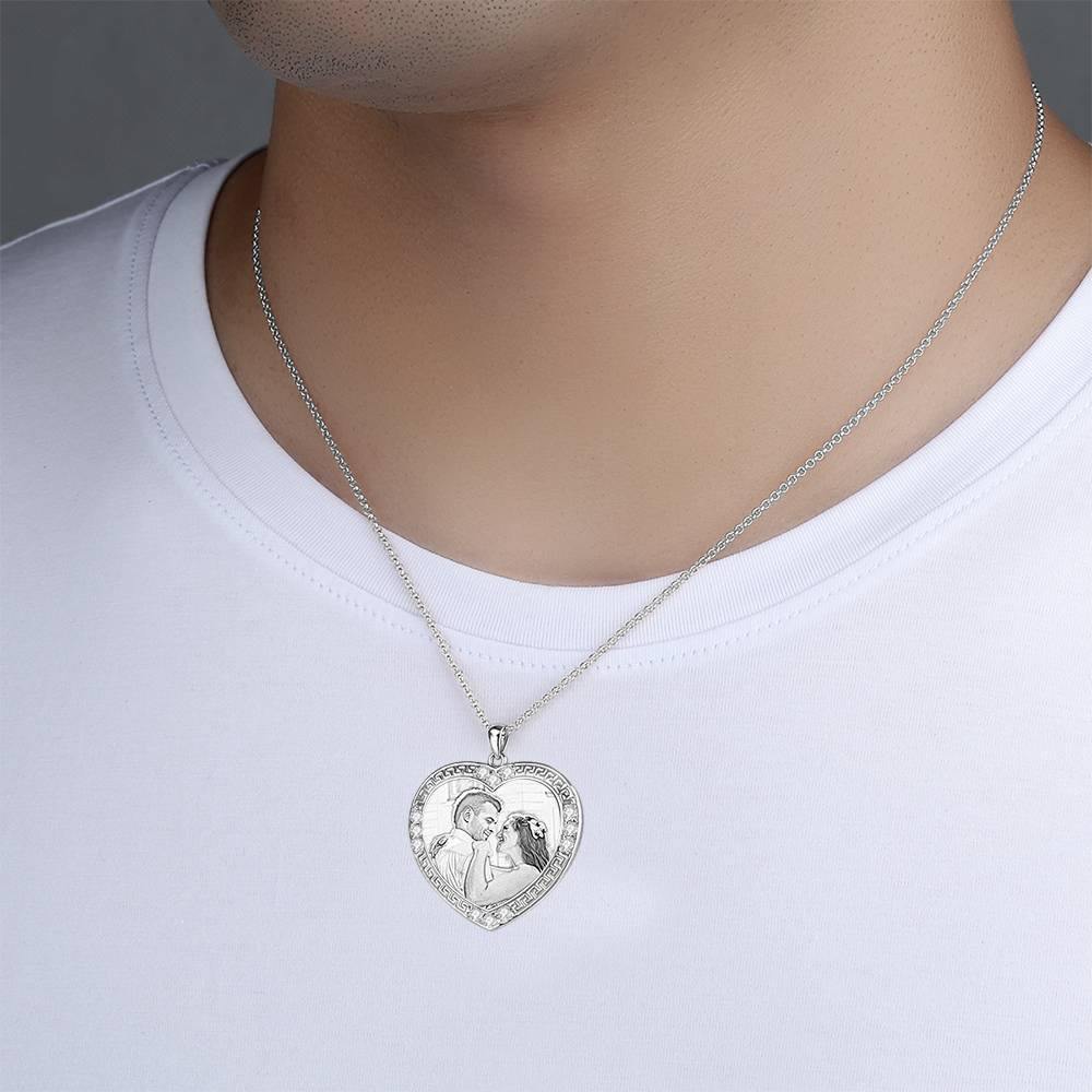Men's Personalized Photo Engraved Necklace, Rhinestone Crystal Heart Shape Photo Necklace Platinum Plated Silver - Sketch - soufeelus