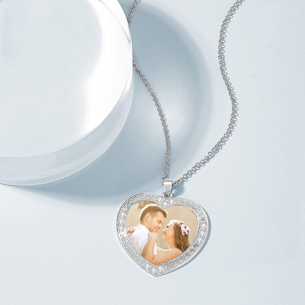 Men's Personalized Photo Engraved Necklace, Rhinestone Crystal Heart Shape Photo Necklace Platinum Plated Silver - Colorful - soufeelus