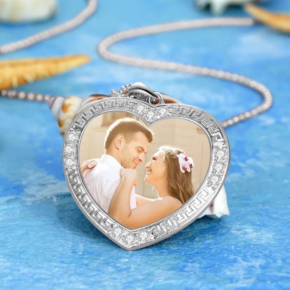 Men's Personalized Photo Engraved Necklace, Rhinestone Crystal Heart Shape Photo Necklace Platinum Plated Silver - Colorful - soufeelus