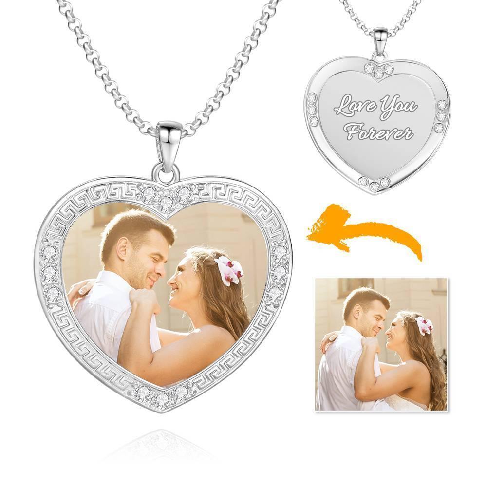 Men's Personalized Photo Engraved Necklace, Rhinestone Crystal Heart Shape Photo Necklace Platinum Plated Silver - Colorful - soufeelus