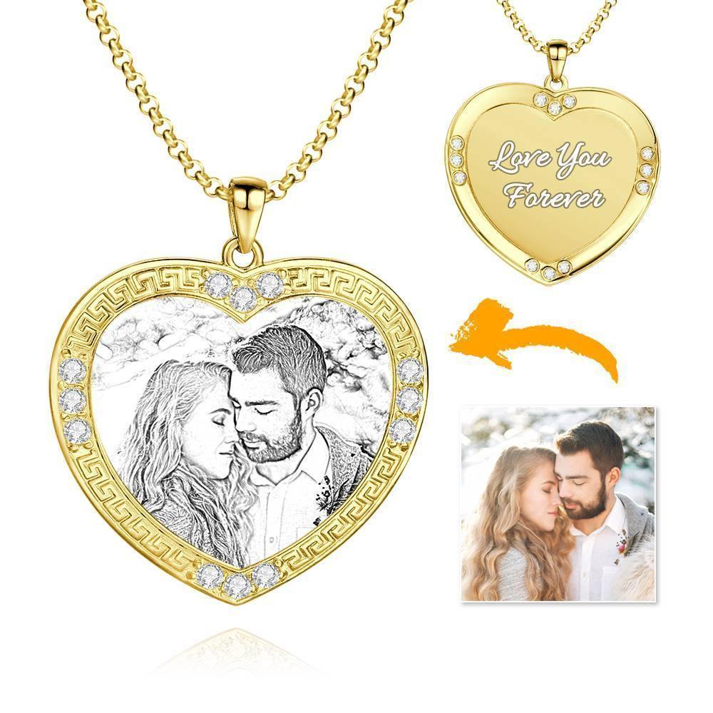 Men's Personalized Photo Engraved Necklace, Rhinestone Crystal Heart Shape Photo Necklace 14 Gold Plated Golden - Sketch - soufeelus