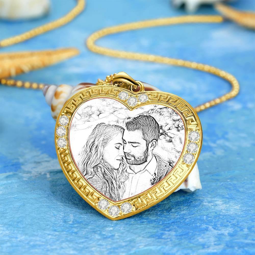 Men's Personalized Photo Engraved Necklace, Rhinestone Crystal Heart Shape Photo Necklace 14 Gold Plated Golden - Sketch - soufeelus