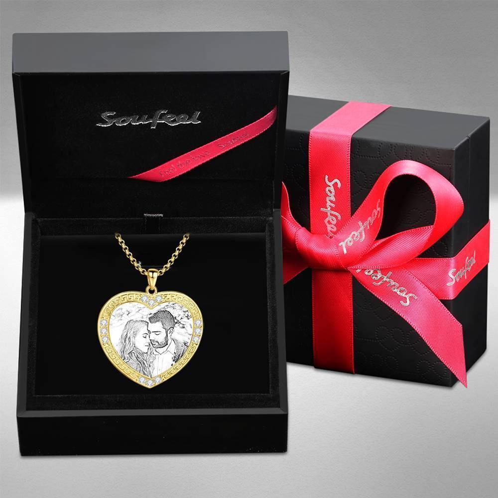 Men's Personalized Photo Engraved Necklace, Rhinestone Crystal Heart Shape Photo Necklace 14 Gold Plated Golden - Sketch - soufeelus