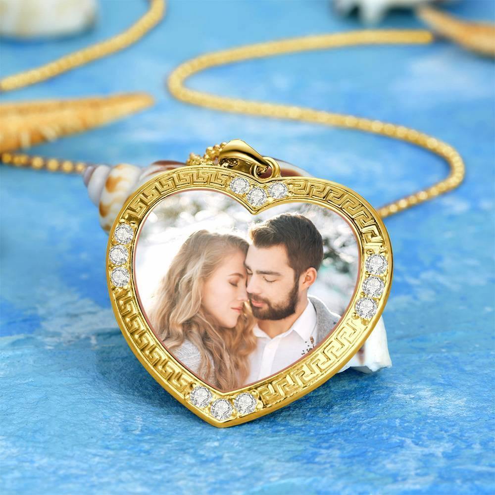 Men's Personalized Photo Engraved Necklace, Rhinestone Crystal Heart Shape Photo Necklace 14 Gold Plated Golden - Colorful - soufeelus