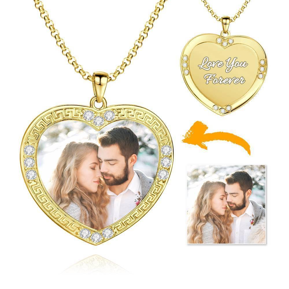 Men's Personalized Photo Engraved Necklace, Rhinestone Crystal Heart Shape Photo Necklace 14 Gold Plated Golden - Colorful - soufeelus